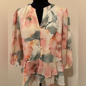 Enfocus Studio Floral Ruffle Peplum Blouse - Cream Pink Green. Sz Large. NWT‎